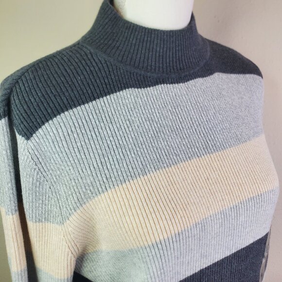 KAREN SCOTT Womens Gray Color Block Stripe Turtleneck XL - Picture 2 of 10